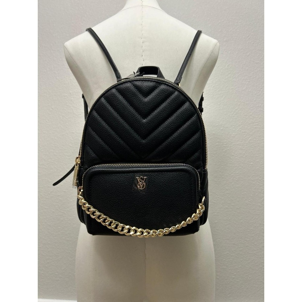 NWT Victoria's Secret Black Quilted Chain Small Backpack Bag Gold Hardware VS